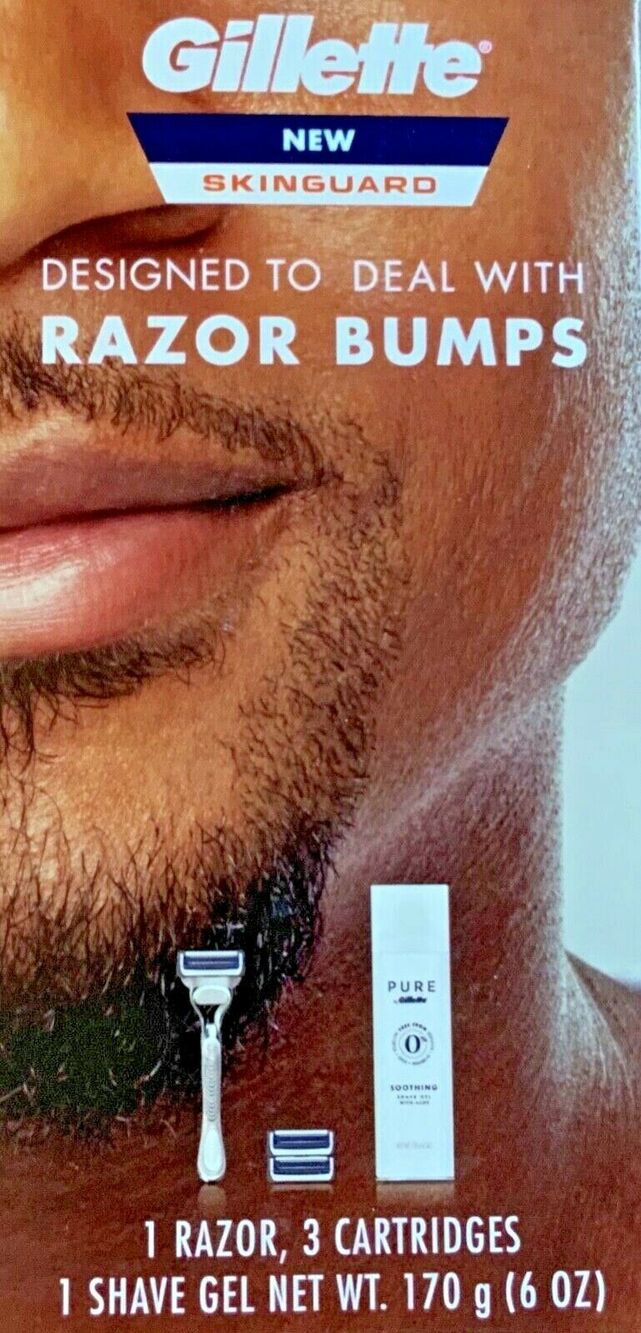 Mens SkinGuard Razor Bumps: Razor, 3 Cartridges, Shave Gel 5pc Set Gillette NIB